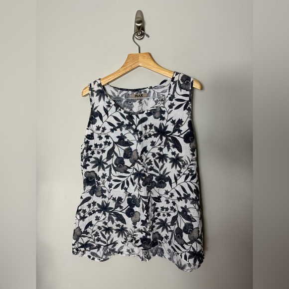 Flax Tops - Flax 100% Linen Sleeveless Tank Black & White Floral Shirt Size Large 71